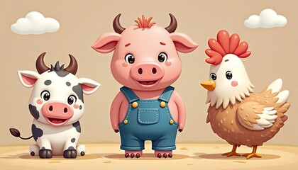 Naklejka premium Cartoon Cow Pig Chicken Characters
