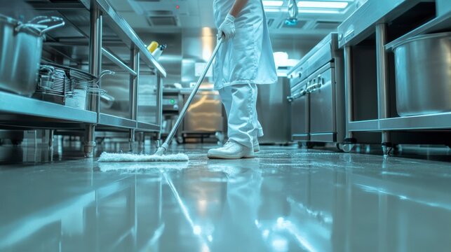 Person mopping gleaming kitchen floor.