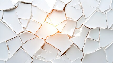 An intricate pattern of cracked white tiles reveals a glowing core at the center, symbolizing resilience and beauty amidst imperfections in an artistic manner.