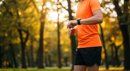 Runner using smartwatch to monitor fitness stats during active jog, checking performance data in urban outdoor space