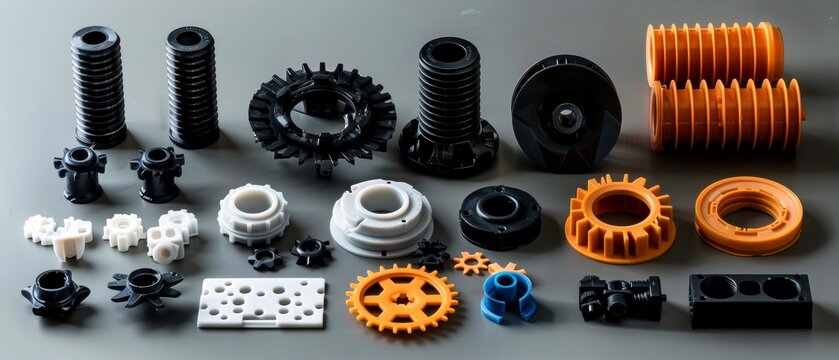 Various plastic machine parts arranged on a gray surface for industrial or manufacturing concepts in a studio setting.