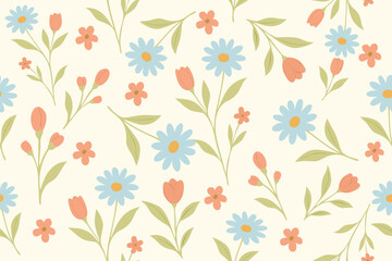 Seamless floral pattern with light blue daisies, coral tulips, and soft green leaves on a beige background. Ideal for textiles, wrapping, and spring designs.