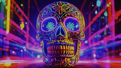 Decorated skull with vibrant neon patterns against explosive background - Powered by Adobe