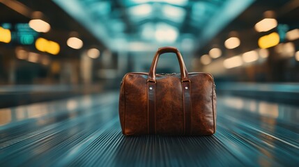 A fashionable brown leather bag centered on a sleek, reflective surface, emphasizing luxury and contemporary design appealing to travelers and fashion enthusiasts alike.