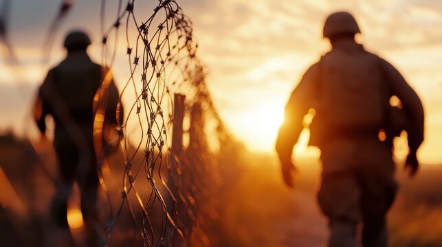 Two soldiers walk along a barbed wire fence at sunset, emphasizing themes of duty and sacrifice in a poignant moment that captures the challenges of military life and camaraderie.