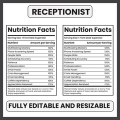 receptionist nutrition facts
administrative professional label
office receptionist infographic
receptionist day parody
admin day nutrition label
front desk hero facts
