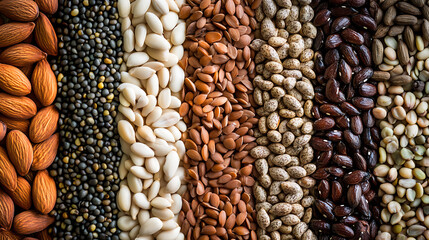 Obraz premium Assorted Nuts and Seeds Arranged in Rows