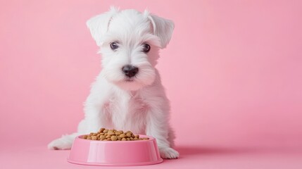 Adorable white puppy sitting by its pink food bowl on pink background.