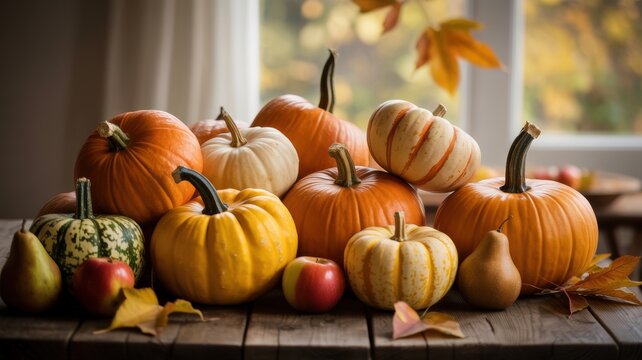 Autumnal Display of Pumpkins and Gourds on a Wooden Table