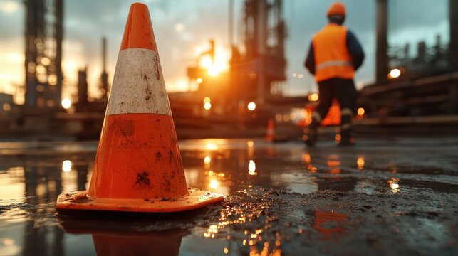 A bright orange traffic cone stands prominently at a construction site during sunset, emphasizing safety and organization in industrial projects and urban areas.