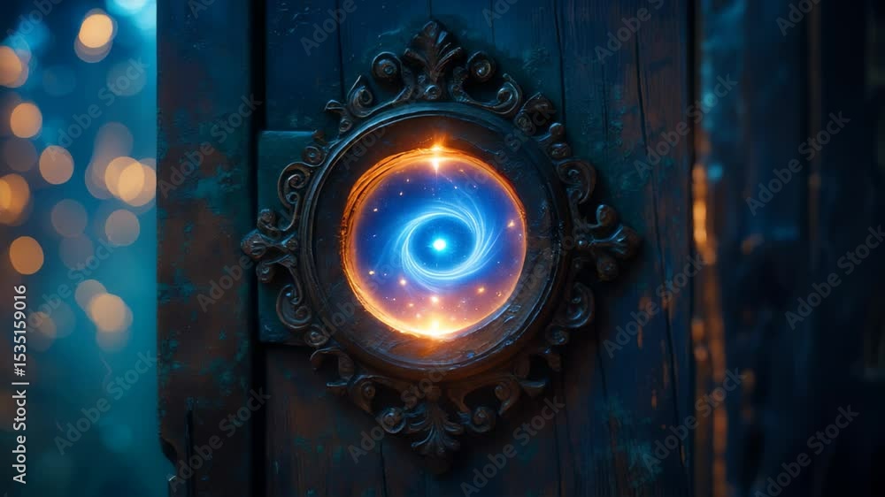 Poster enchanting glowing portal resembling a swirling galaxy embedded in an ornate frame on an aged wooden