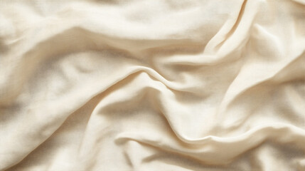 Natural linen fabric texture, soft folds, neutral beige color, close-up, background 