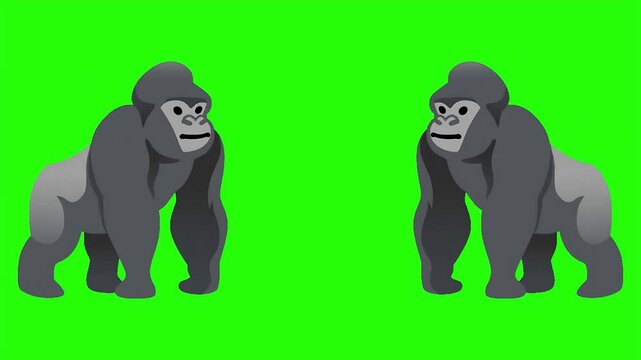 stand against other gorillas opposite a green vibrant screen cartoon Two each screen