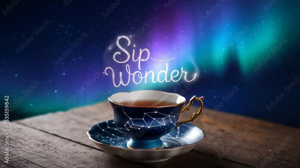 Poster a dark blue teacup with a constellation pattern and golden handle sits on a wooden table beneath a v