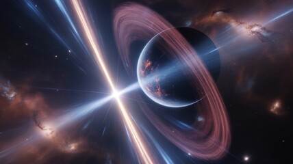 Obraz premium Astronomical Scene Featuring a Ringed Planet with Radiant Light Beams