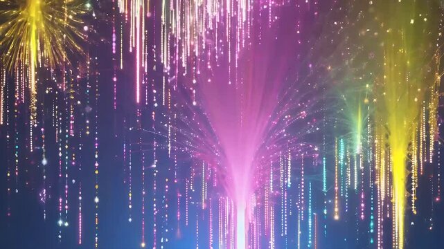 Cascading ribbons sparkling dust flow downward like luminous meteor showers forming vibrant neon wall multicolored light streaks that loop seamless video ly razor sharp K perfect upbeat event
