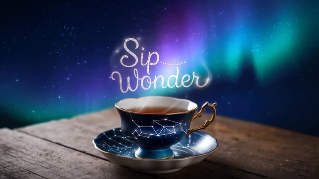 A dark blue teacup with a constellation pattern and golden handle sits on a wooden table beneath a vibrant aurora borealis. Text "Sip Wonder" adds a whimsical touch.