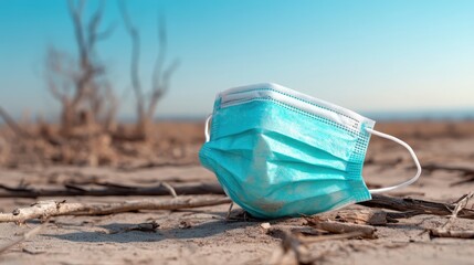 A discarded surgical mask rests on parched, cracked earth under a clear sky, representing the intersection of human impact and environmental change during challenging times.