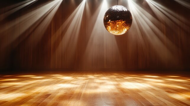 A sparkling disco ball hangs prominently above an empty dance floor, illuminating the space with beams of light, capturing the essence of nightlife and celebration. - Powered by Adobe