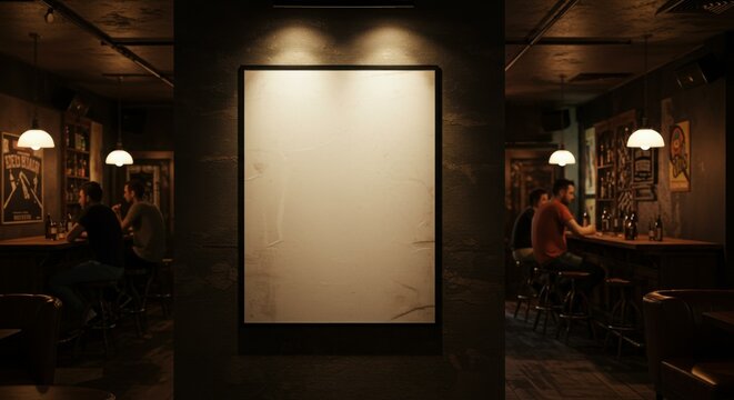 Blank canvas in dimly lit bar, patrons seated at counter.