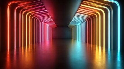 An abstract hallway illuminated with vibrant neon lights creating a dynamic and futuristic atmosphere, symbolizing innovation and modern design.