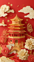 Obraz premium Traditional Chinese Pagoda with Floral and Cloud Decorations in a Festive Red Background