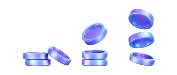3D holographic coin stack with purple neon effect, isolated on a dark background. Render of iridescent chrome coin pile, game token, casino chip, digital currency, or treasure. 3D vector illustration