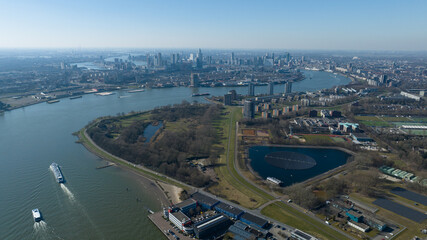Naklejka premium Rotterdam, Nieuwe Maas, city skyline, South Holland, The Netherlands, aerial photo.