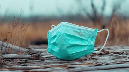 A discarded face mask rests on a wooden log amidst a natural setting, symbolizing environmental concerns and the impact of the pandemic on human behavior and the planet visually.