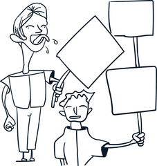 Two characters stand at a rally holding signs.