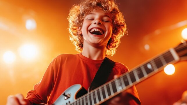 A lively young boy playing guitar on stage, laughing with genuine joy, highlighting the happiness and excitement of music performance and youthful energy.