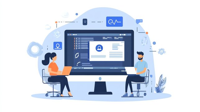 API Application Programming Interface. IT specialist integrating business systems at workplace.