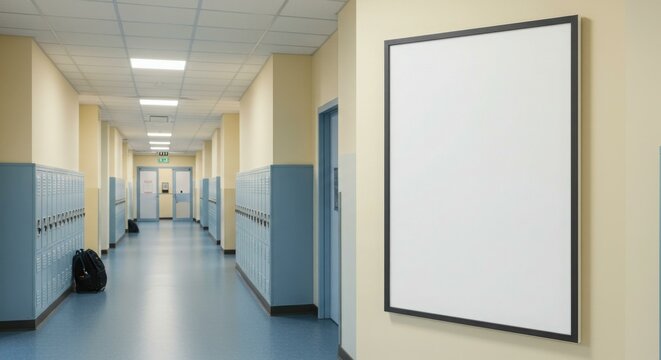 Long, empty school hallway with lockers, doors, and a blank poster frame.