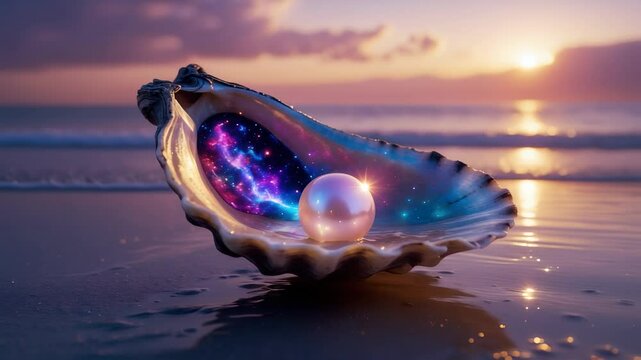 Open seashell resting on a sandy beach at sunset, featuring a glowing pearl and a vibrant cosmic galaxy inside. Reflects themes of mystery, beauty, and imagination.