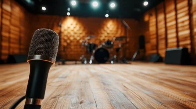 A close-up view of a microphone on a wooden floor stage with a drum kit in the background, emphasizing the vibrant atmosphere of a live music performance setting.