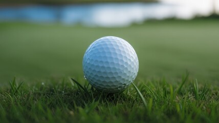 Fototapeta premium Golf Ball Resting on Lush Green Grass Near Water