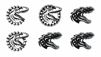 Collection of six stylized dinosaur head illustrations in black and white vector format design | eps vectors silhouette