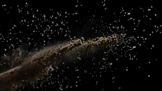 Flying debris A stream of brown dirt, dust, rocks and pebbles in motion, isolated against stark black backdrop