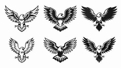 Six stylized eagle illustrations with wings spread in a black and white vector graphic design format | eps vectors silhouette