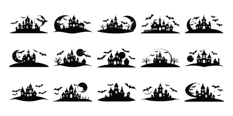 Halloween skyline with haunted house, bats and full moon silhouette set on a white background