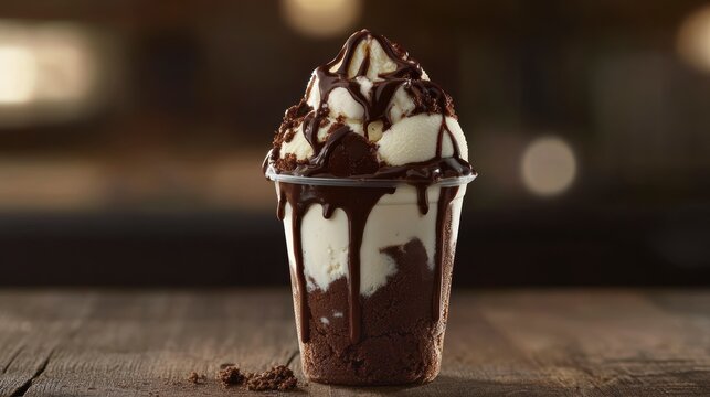 Creamy vanilla ice cream with chocolate sauce and brownie crumbles in a clear plastic cup on a wooden table.