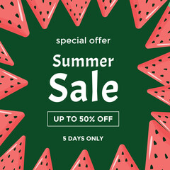 Summer sale banner with watermelon. Color card for promo, marketing, sale in online shopping, business. Vector illustration