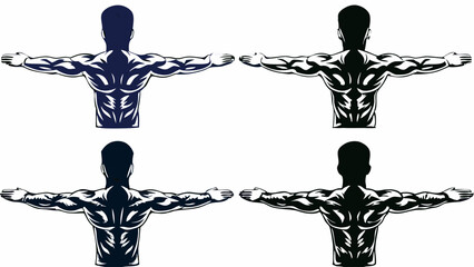 Four depictions of muscular men with arms outstretched showing back muscles in different shades | eps vectors silhouette