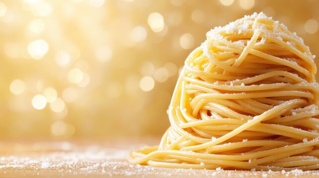 A beautiful serving of golden spaghetti is artfully piled up against a soft golden backdrop, evoking warmth and appetite in a charming, culinary scene.