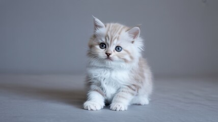 Fototapeta premium Fluffy White Kitten with Blue Eyes Sitting on a Neutral Background