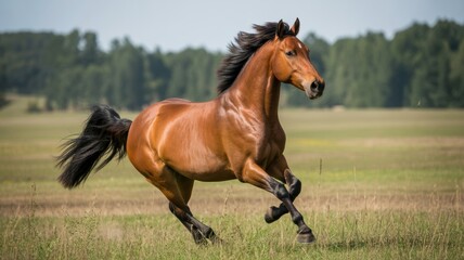 Fototapeta premium A chestnut horse galloping freely across a grassy field under a clear sky.