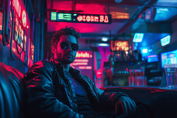 Obraz premium A confident man in a leather jacket and sunglasses lounges in a neon-lit cyberpunk bar filled with glowing signs, vibrant colors, anda futuristic atmosphere