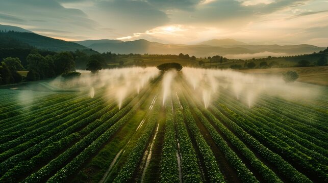 Aerial view of a green farm field with a irrigation system at sunset with rolling hills and mountains in background