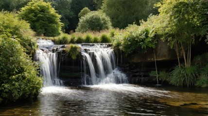 Obraz premium A tranquil waterfall cascading into a still pool, surrounded by lush greenery