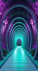 Fototapeta premium Ancient European monastery arches illuminate a long stone corridor, a medieval tunnel of light